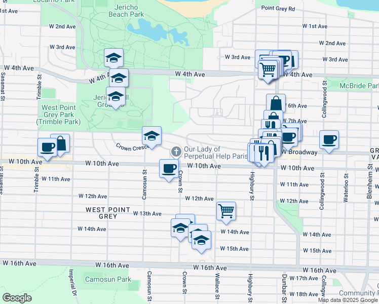 map of restaurants, bars, coffee shops, grocery stores, and more near 2533 Wallace Crescent in Vancouver