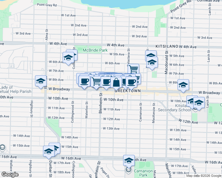 map of restaurants, bars, coffee shops, grocery stores, and more near 3209 West Broadway in Vancouver