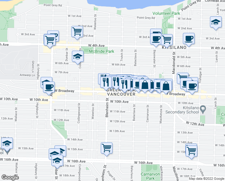 map of restaurants, bars, coffee shops, grocery stores, and more near 3261 West Broadway in Vancouver
