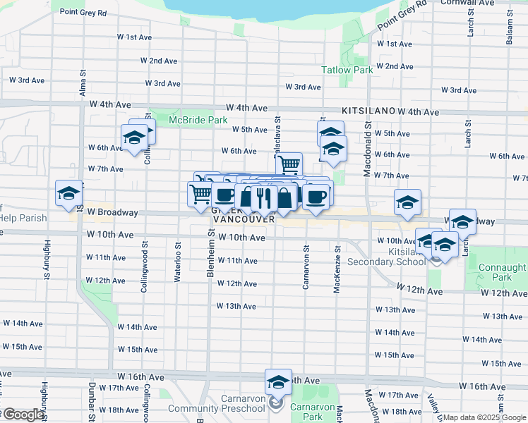 map of restaurants, bars, coffee shops, grocery stores, and more near 3129 West Broadway in Vancouver