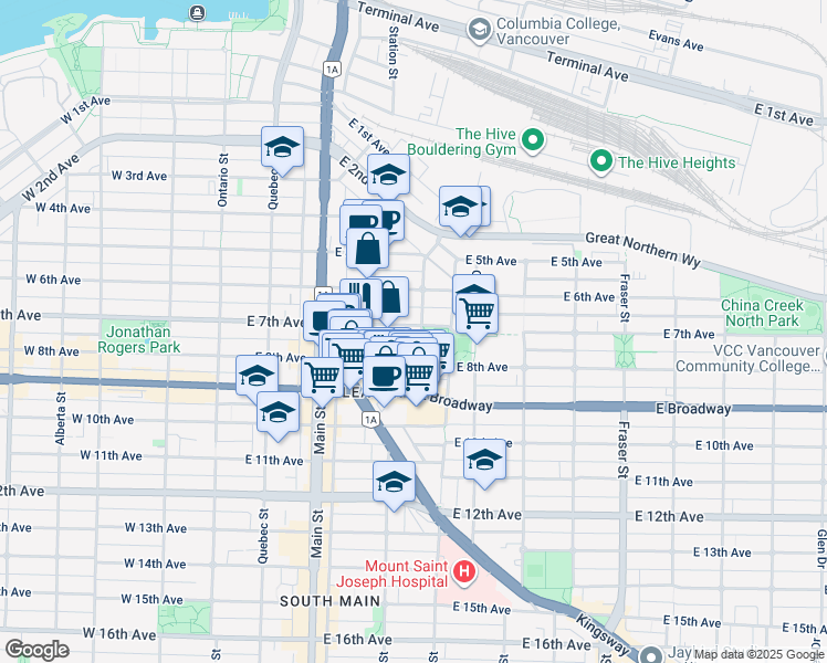 map of restaurants, bars, coffee shops, grocery stores, and more near 352 East 7th Avenue in Vancouver