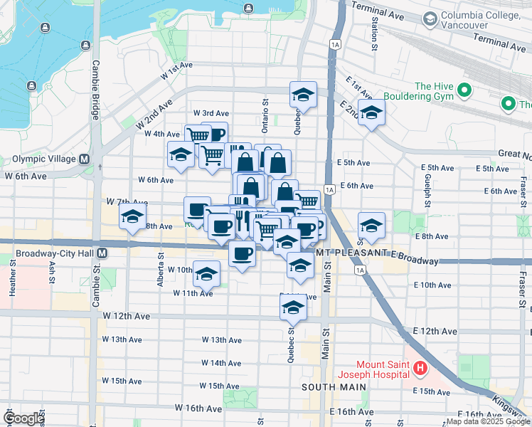 map of restaurants, bars, coffee shops, grocery stores, and more near 2314 Ontario Street in Vancouver