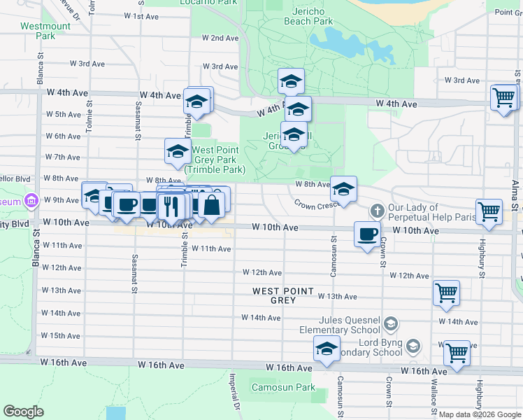 map of restaurants, bars, coffee shops, grocery stores, and more near 4000 West 9th Avenue in Vancouver