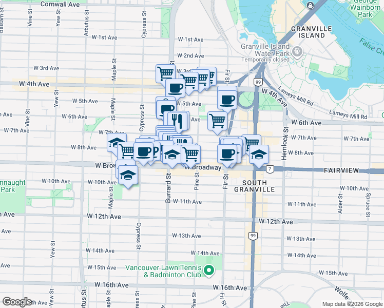 map of restaurants, bars, coffee shops, grocery stores, and more near 2405 Pine Street in Vancouver