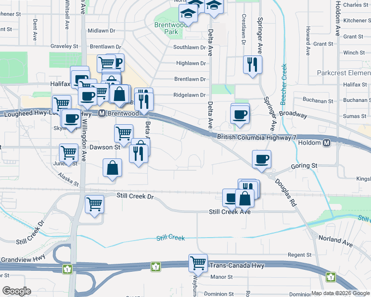map of restaurants, bars, coffee shops, grocery stores, and more near 4730 Lougheed Highway in Burnaby