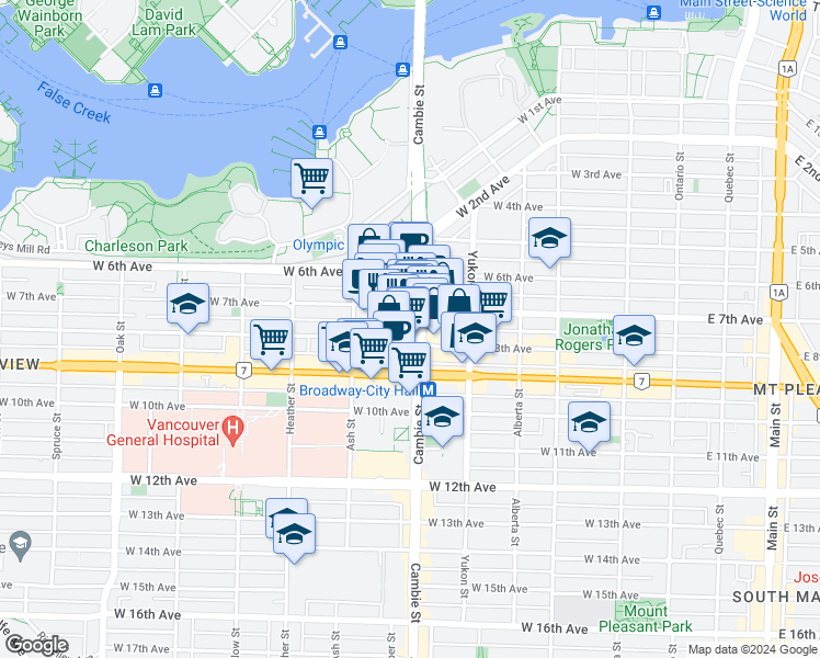 map of restaurants, bars, coffee shops, grocery stores, and more near 2395 Cambie Street in Vancouver