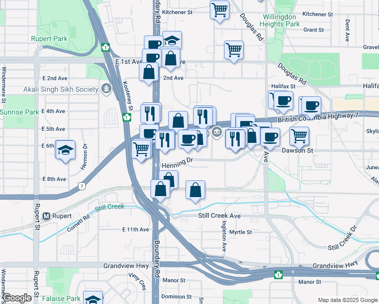 map of restaurants, bars, coffee shops, grocery stores, and more near 115-3855 Henning Drive in Burnaby