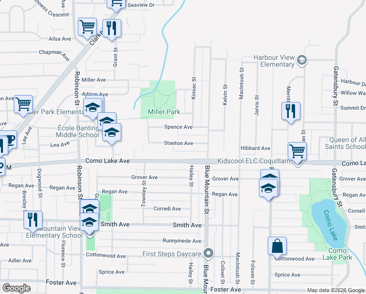map of restaurants, bars, coffee shops, grocery stores, and more near 928 Stanton Avenue in Coquitlam