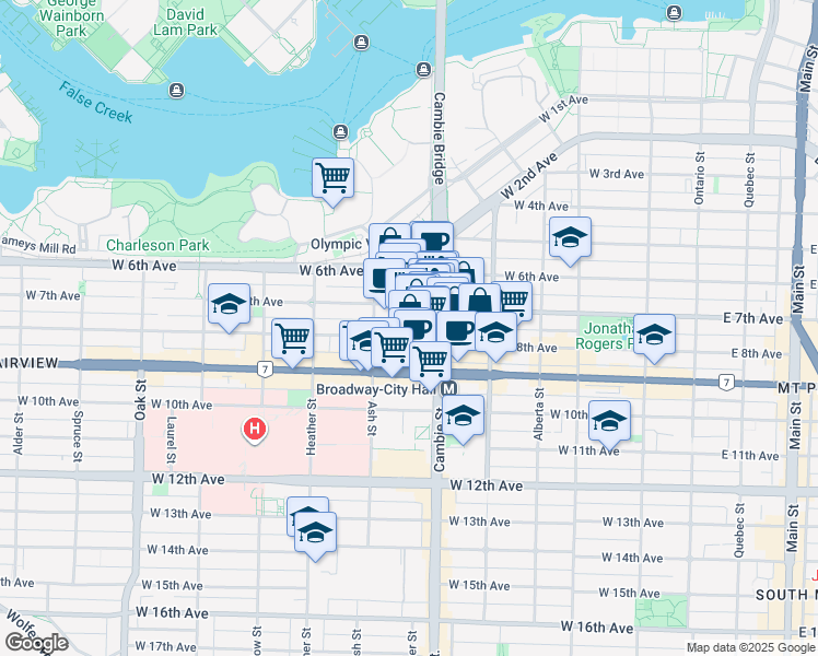 map of restaurants, bars, coffee shops, grocery stores, and more near 555 West 8th Avenue in Vancouver