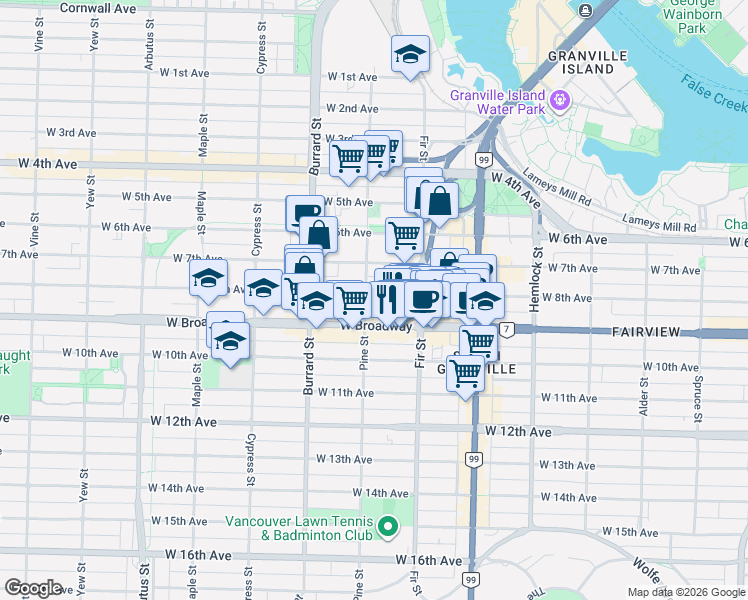 map of restaurants, bars, coffee shops, grocery stores, and more near 1690 West 8th Avenue in Vancouver