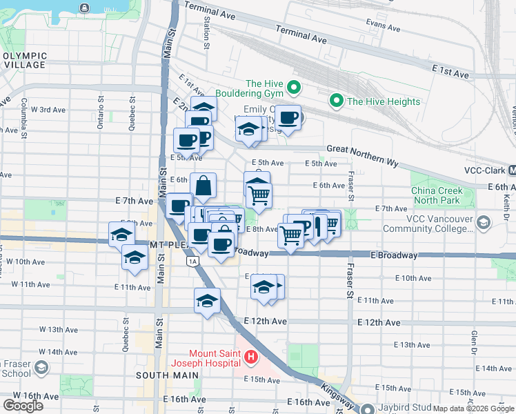map of restaurants, bars, coffee shops, grocery stores, and more near 428 East 7th Avenue in Vancouver