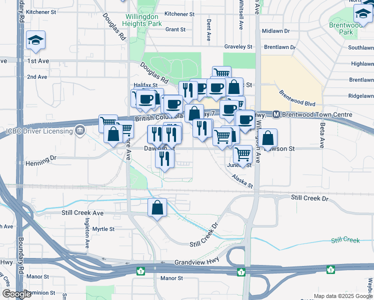 map of restaurants, bars, coffee shops, grocery stores, and more near in Burnaby