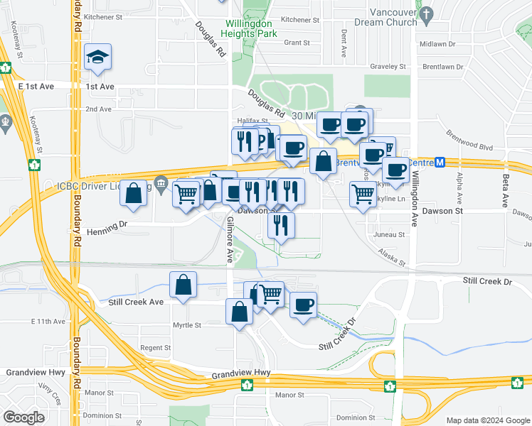 map of restaurants, bars, coffee shops, grocery stores, and more near in Burnaby