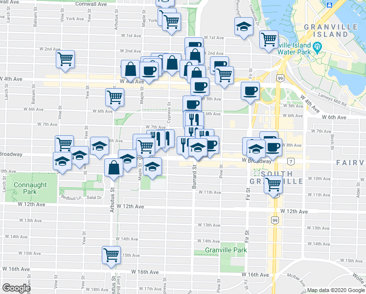 map of restaurants, bars, coffee shops, grocery stores, and more near in Vancouver