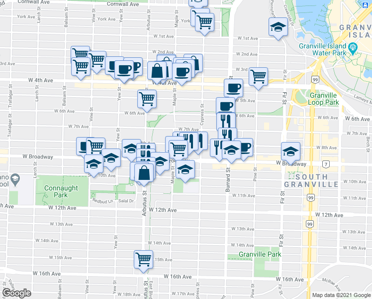 map of restaurants, bars, coffee shops, grocery stores, and more near 1985 West Broadway in Vancouver