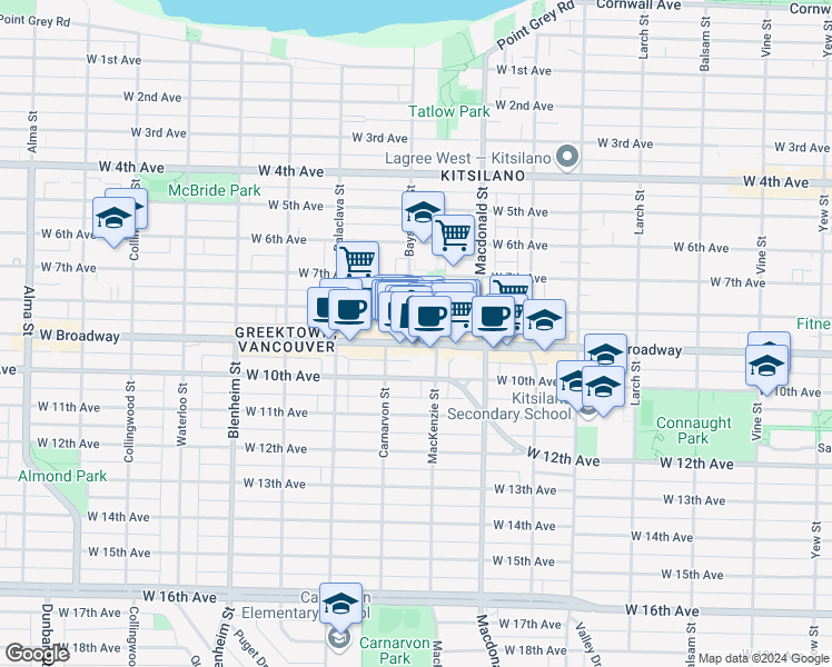 map of restaurants, bars, coffee shops, grocery stores, and more near in Vancouver