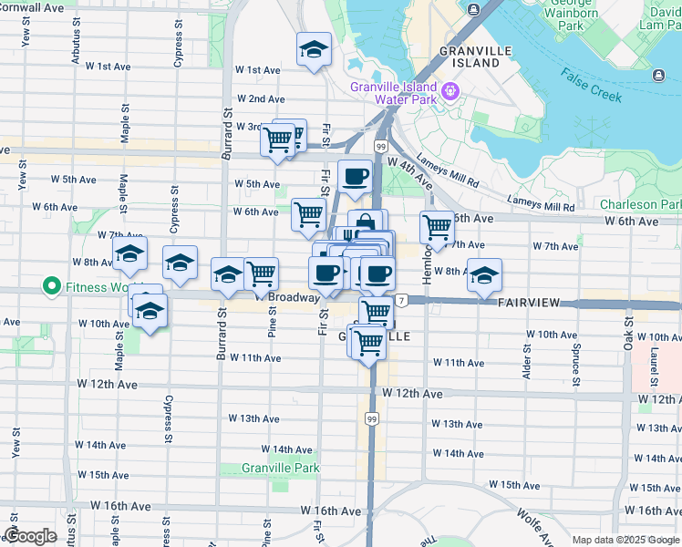 map of restaurants, bars, coffee shops, grocery stores, and more near 1578 West 8th Avenue in Vancouver