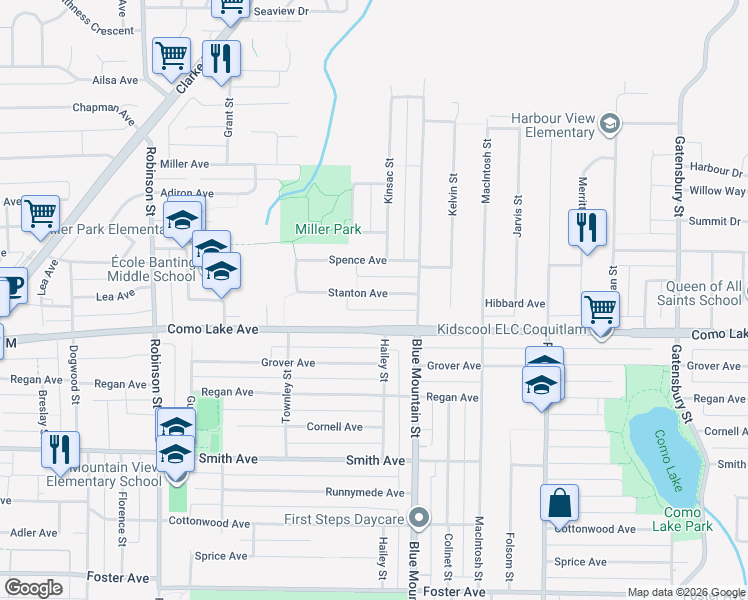 map of restaurants, bars, coffee shops, grocery stores, and more near 932 Stanton Avenue in Coquitlam