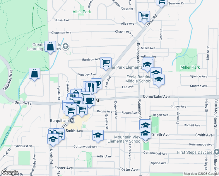 map of restaurants, bars, coffee shops, grocery stores, and more near 633 Lea Avenue in Coquitlam
