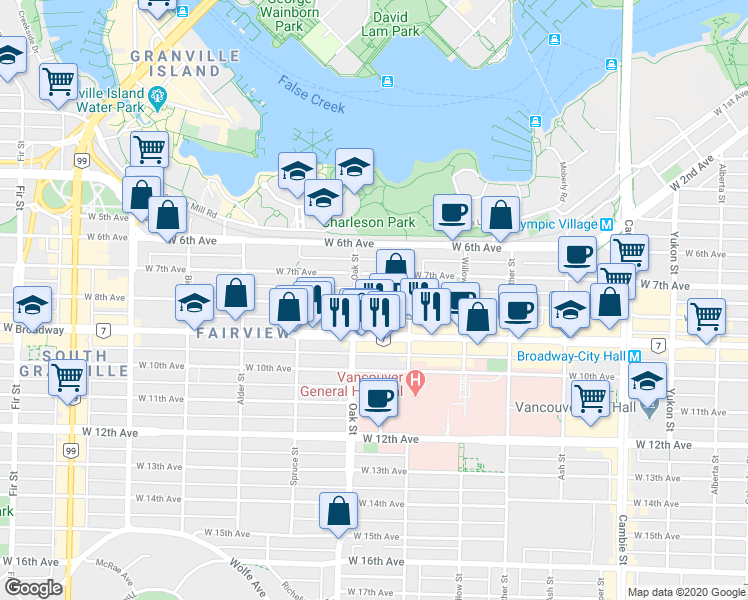map of restaurants, bars, coffee shops, grocery stores, and more near 967 West 8th Avenue in Vancouver