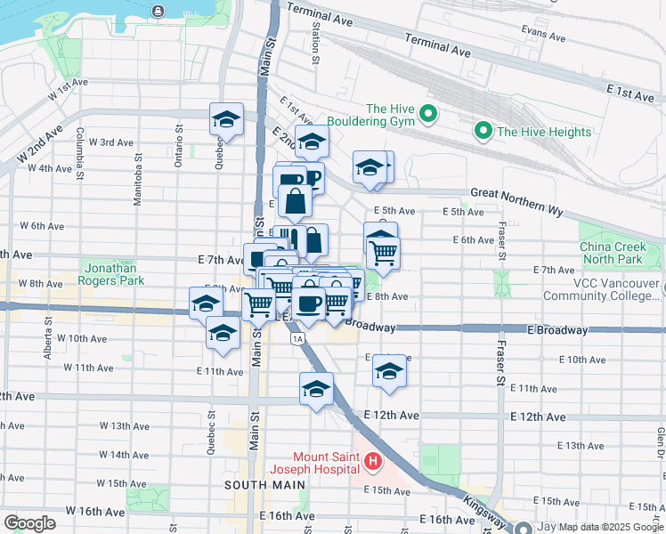 map of restaurants, bars, coffee shops, grocery stores, and more near 350 East 7th Avenue in Vancouver