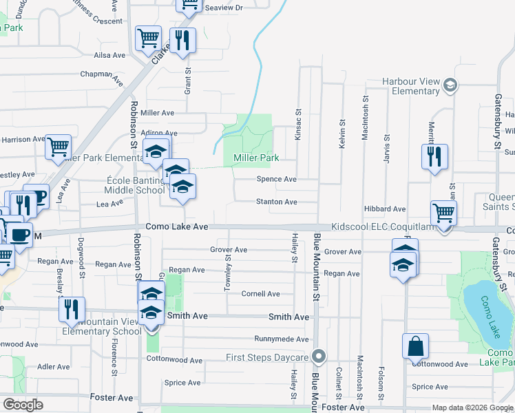 map of restaurants, bars, coffee shops, grocery stores, and more near 908 Stanton Avenue in Coquitlam