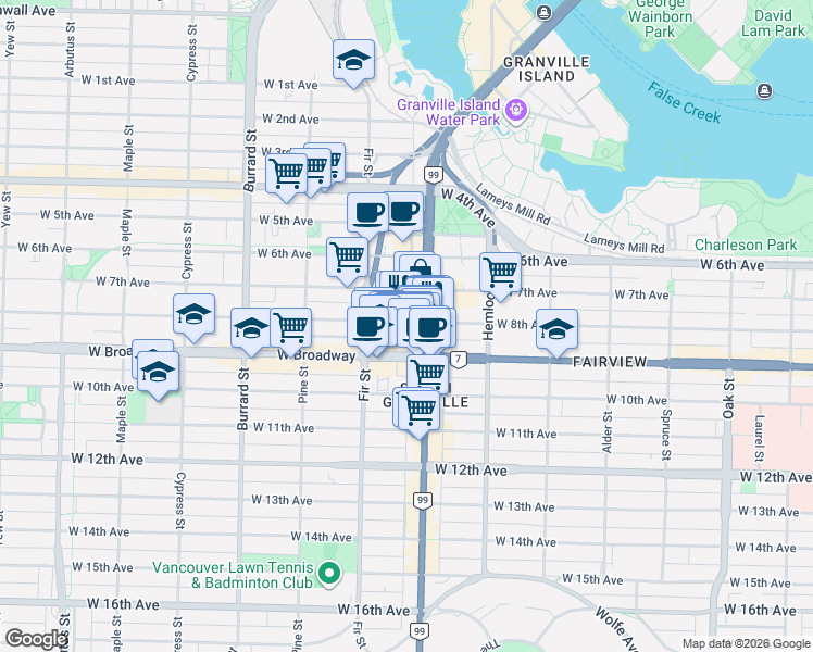 map of restaurants, bars, coffee shops, grocery stores, and more near 1530 West 8th Avenue in Vancouver
