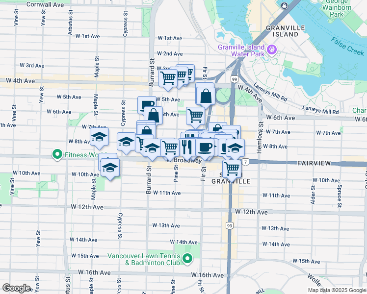 map of restaurants, bars, coffee shops, grocery stores, and more near 1676 West 8th Avenue in Vancouver
