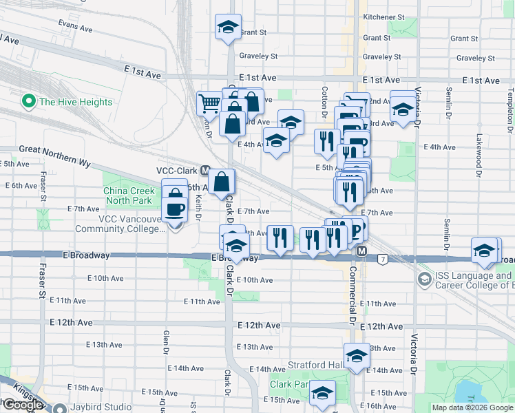 map of restaurants, bars, coffee shops, grocery stores, and more near 1385 East 7th Avenue in Vancouver