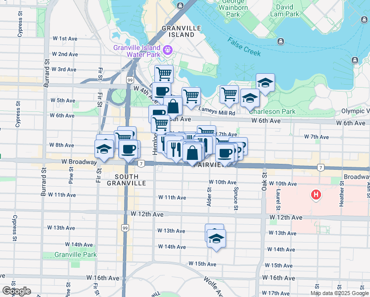 map of restaurants, bars, coffee shops, grocery stores, and more near 1296 West 8th Avenue in Vancouver