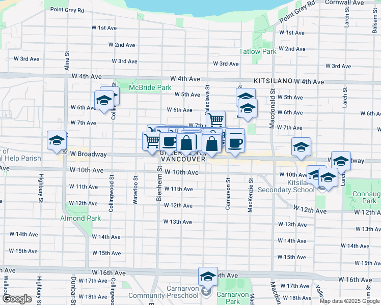 map of restaurants, bars, coffee shops, grocery stores, and more near 3157 West Broadway in Vancouver
