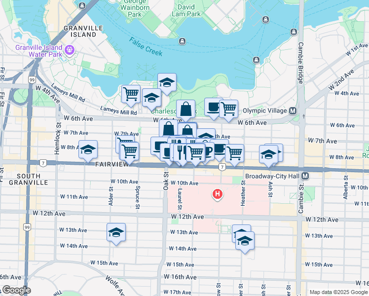 map of restaurants, bars, coffee shops, grocery stores, and more near 933 West 8th Avenue in Vancouver
