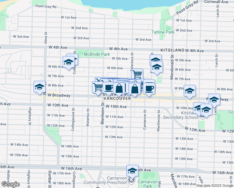 map of restaurants, bars, coffee shops, grocery stores, and more near Trutch Street in Vancouver