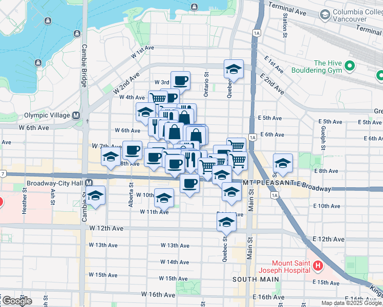 map of restaurants, bars, coffee shops, grocery stores, and more near in Vancouver