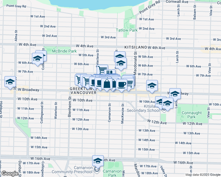 map of restaurants, bars, coffee shops, grocery stores, and more near 2979 West Broadway in Vancouver