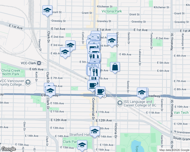 map of restaurants, bars, coffee shops, grocery stores, and more near 2270 Commercial Drive in Vancouver