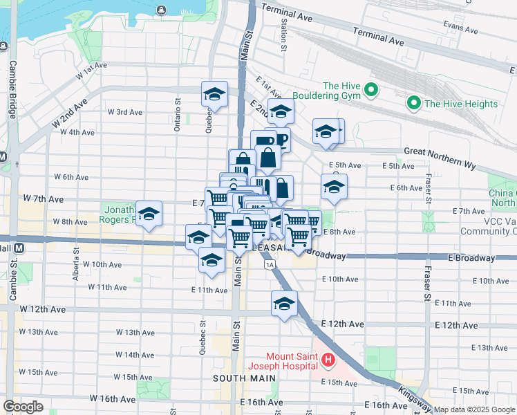 map of restaurants, bars, coffee shops, grocery stores, and more near 250 East 7th Avenue in Vancouver