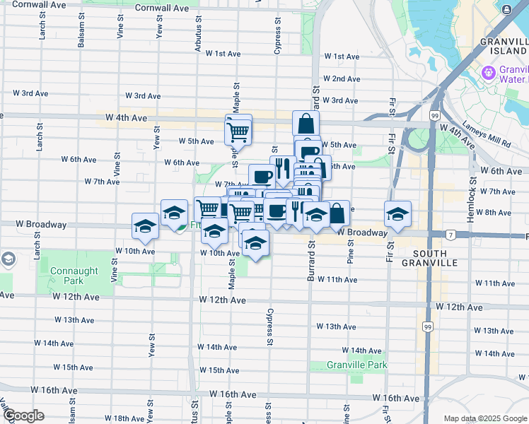 map of restaurants, bars, coffee shops, grocery stores, and more near 2425 Cypress Street in Vancouver