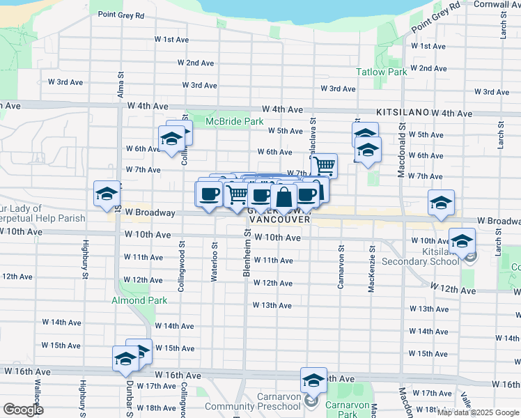 map of restaurants, bars, coffee shops, grocery stores, and more near 3263 West Broadway in Vancouver