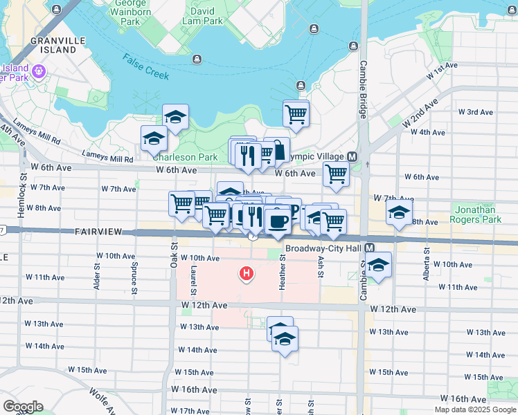 map of restaurants, bars, coffee shops, grocery stores, and more near in Vancouver