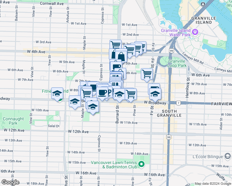 map of restaurants, bars, coffee shops, grocery stores, and more near 2403 Burrard Street in Vancouver