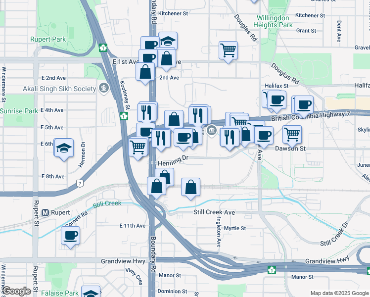 map of restaurants, bars, coffee shops, grocery stores, and more near 115-3855 Henning Drive in Burnaby