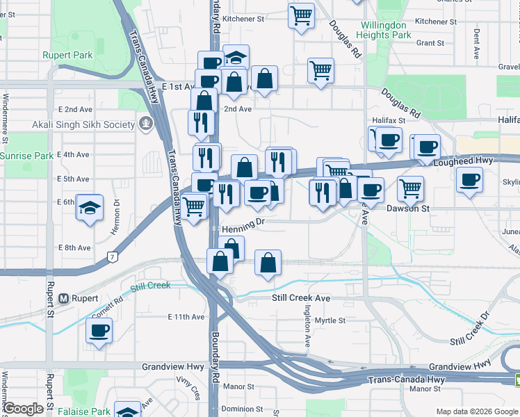 map of restaurants, bars, coffee shops, grocery stores, and more near 3855 Henning Drive in Burnaby