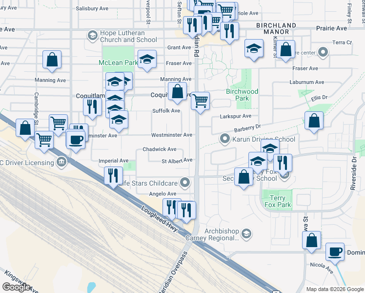 map of restaurants, bars, coffee shops, grocery stores, and more near 1543 Chadwick Avenue in Port Coquitlam