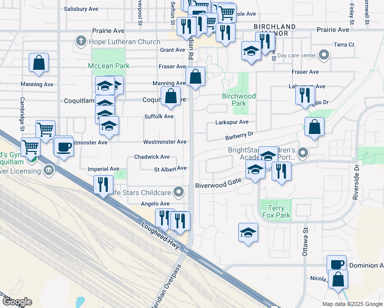 map of restaurants, bars, coffee shops, grocery stores, and more near 2850 Coast Meridian Road in Port Coquitlam