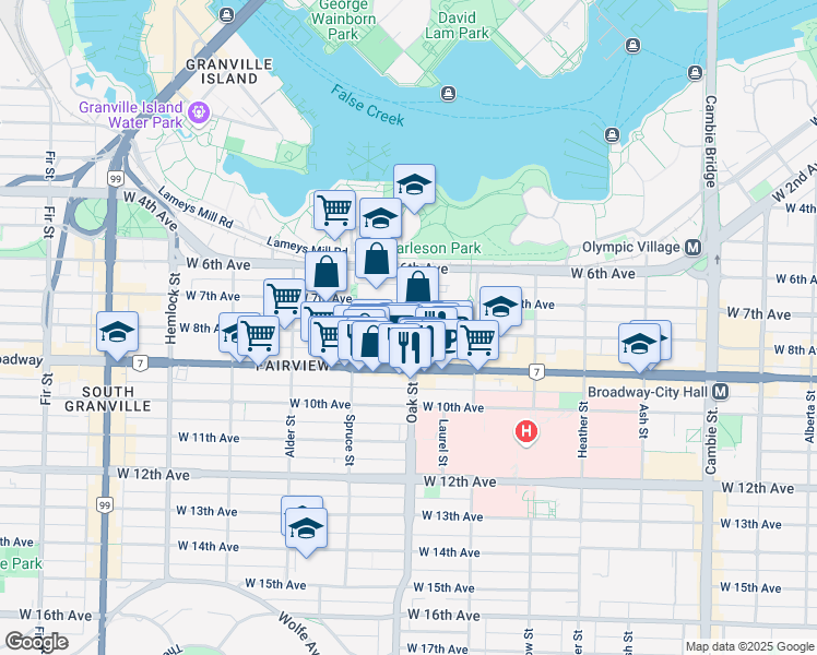 map of restaurants, bars, coffee shops, grocery stores, and more near 2395 Oak Street in Vancouver