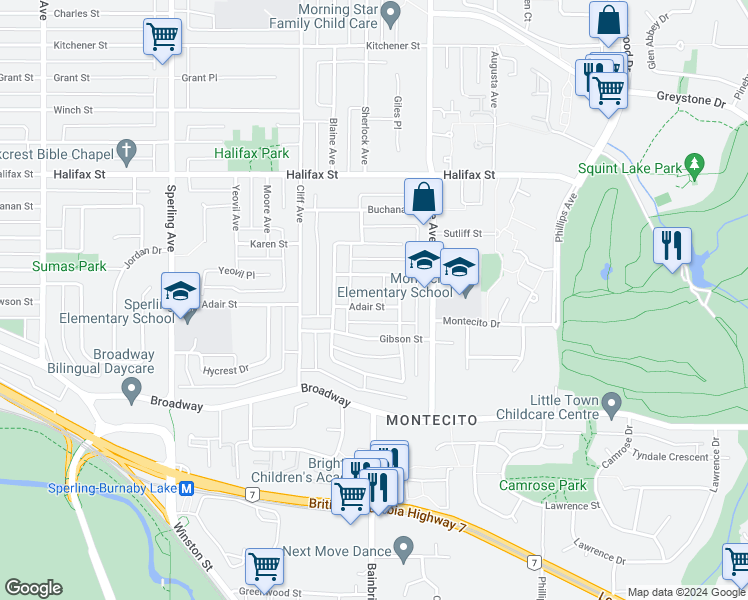 map of restaurants, bars, coffee shops, grocery stores, and more near 7121 Adair Street in Burnaby