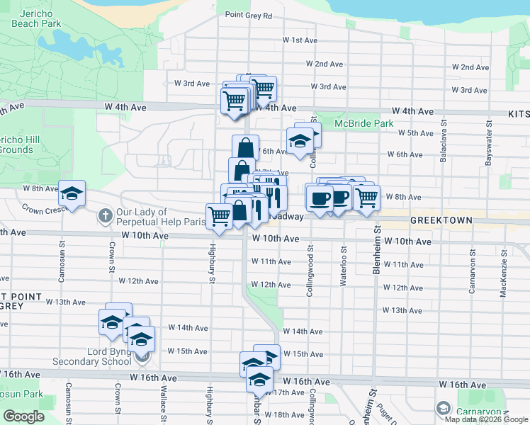 map of restaurants, bars, coffee shops, grocery stores, and more near 3639 West Broadway in Vancouver
