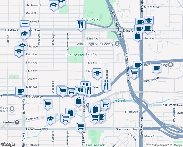 map of restaurants, bars, coffee shops, grocery stores, and more near 3350 East 6th Avenue in Vancouver
