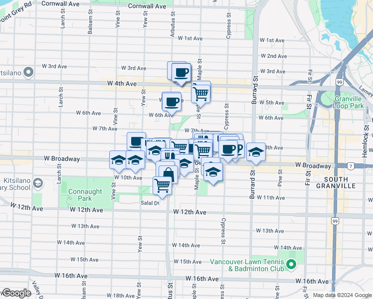 map of restaurants, bars, coffee shops, grocery stores, and more near 2010 West 8th Avenue in Vancouver